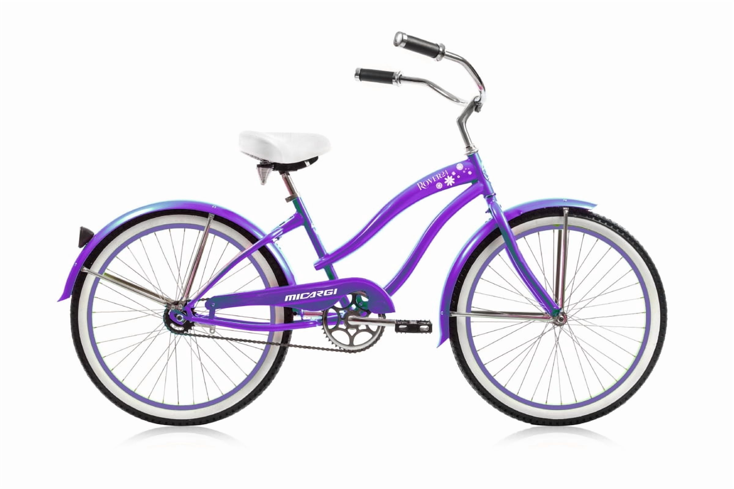 Micargi ROVER 24 F Beach Cruiser Coaster Brake Single Speed Stainless Steel Spokes One Piece Crank Alloy Purple Rims 36H White Wall Tire With Fenders. Color: Purple/ Purple Rim