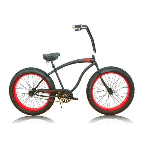 Micargi SLUGO 26" Beach Cruiser Coaster Brake Single Speed alloy red rims, Black Spokes, Black Tire 26 x4 Color: Black / Red