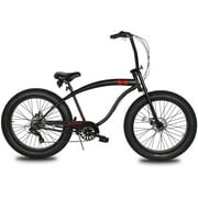 Micargi SLUGO SS 26 Beach Cruiser Shinano TX-35 7 Speed with DISC Brake F&R , Black HI RISE Handlebar Three Piece Crank, Alloy BLACK Rims, Black Spokes, Black Tire 26 x4 Color Matte Black