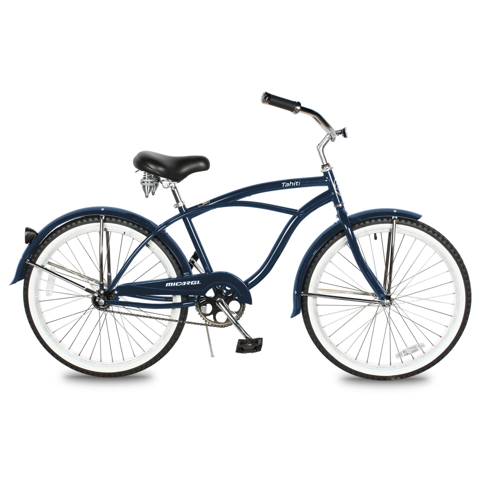 Micargi TAHITI 26" Beach Cruiser Coaster Brake Stainless Steel Spokes One Piece Crank Alloy Black Rims 36H White Wall Tire With Fenders Color: Dark Blue/ Black