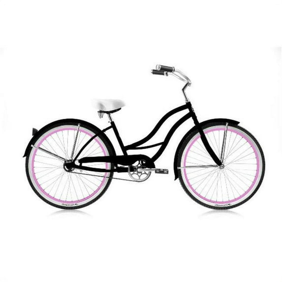 Micargi TAHITI 26" Beach Cruiser Coaster Brake Stainless Steel Spokes One Piece Crank Alloy Pink Rims 36H With Fenders Color: Matte Black/ Pink