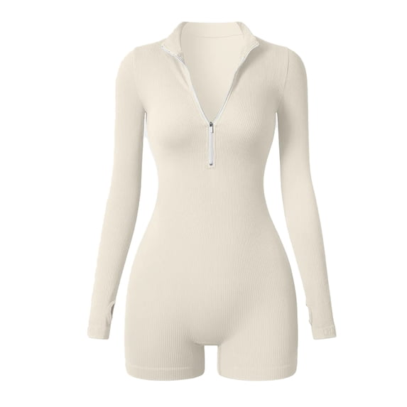 Micaxili Women's Half Zip Ribbed Long Sleeve Romper, Tummy Control Workout Jumpsuit One Piece for Yoga, Gym & Casual Wear(Beige,M)