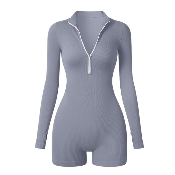 Micaxili Women's Half Zip Ribbed Long Sleeve Romper, Tummy Control Workout Jumpsuit One Piece for Yoga, Gym & Casual Wear(Blue,S)