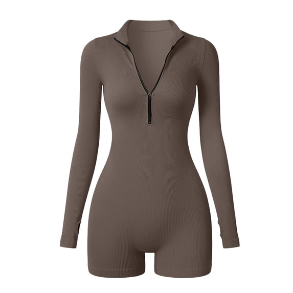 Micaxili Women's Half Zip Ribbed Long Sleeve Romper, Tummy Control Workout Jumpsuit One Piece for Yoga, Gym & Casual Wear(Brown,S)