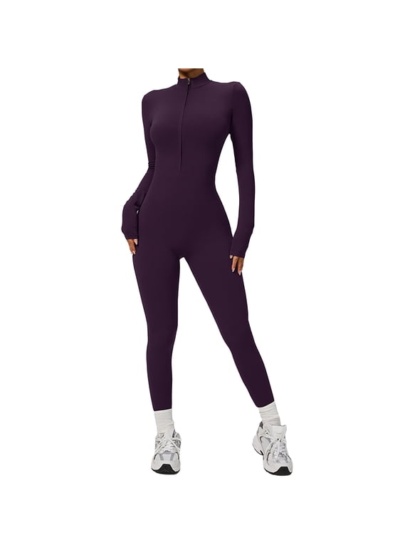 Women’s Thermal Fleece Lined Zip Up Long Sleeve Yoga Bodysuit – Tummy Control Sculpting Workout Jumpsuit, Full Length Unitard for Pilates, Running & Dance(Purple,S)