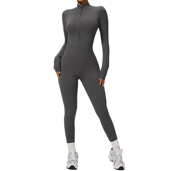 Micaxili Women’s Thermal Fleece Lined Zip Up Long Sleeve Yoga Bodysuit – Tummy Control Sculpting Workout Jumpsuit, Full Length Unitard for Pilates, Running & Dance(Grey,S)