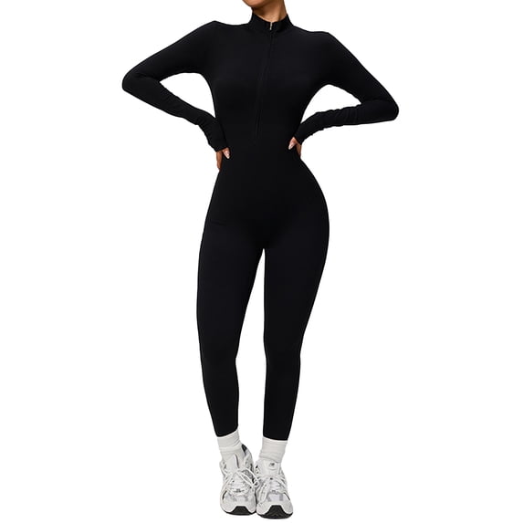Micaxili Women’s Thermal Fleece Lined Zip Up Long Sleeve Yoga Bodysuit – Tummy Control Sculpting Workout Jumpsuit, Full Length Unitard for Pilates, Running & Dance(Black,S)