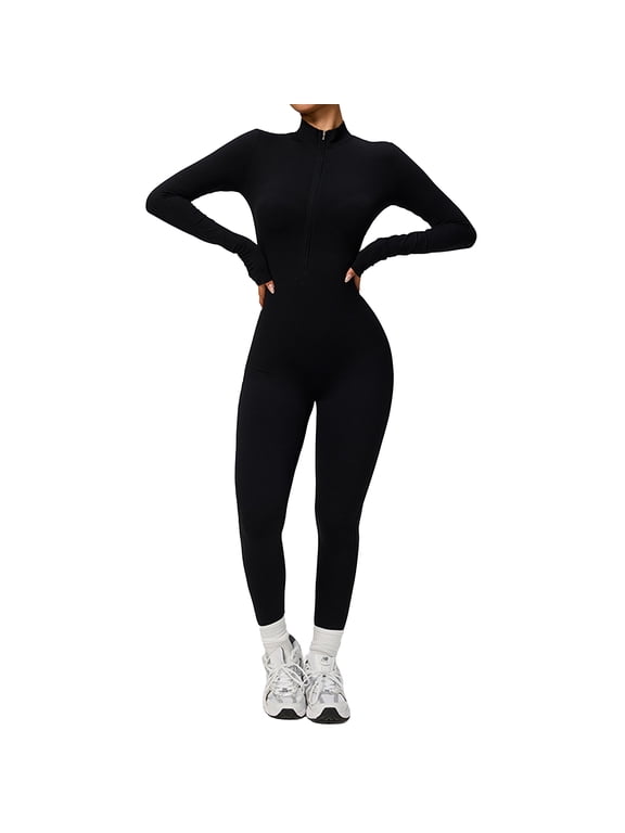 Women’s Thermal Fleece Lined Zip Up Long Sleeve Yoga Bodysuit – Tummy Control Sculpting Workout Jumpsuit, Full Length Unitard for Pilates, Running & Dance(Black,S)