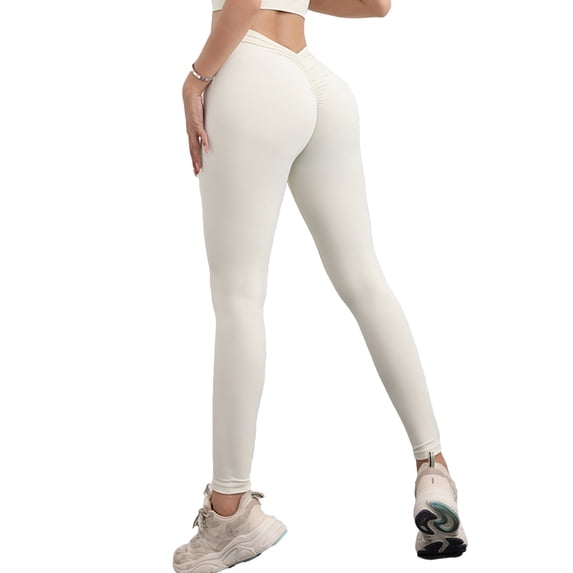 Micaxili Women’s V Back Scrunch High Waist Naked Feel Yoga Leggings – Tummy Control Butt Lifting 7/8 Workout Tights, No Front Seam Compression Fitness Pants(White,L)