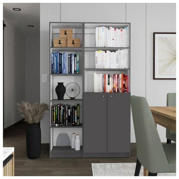 Micco 2 Piece 2 Piece Home Bookcase set, 42" Wide with 8 Shelves and Double Door Cabinet, Living Room Set Matte Gray - White