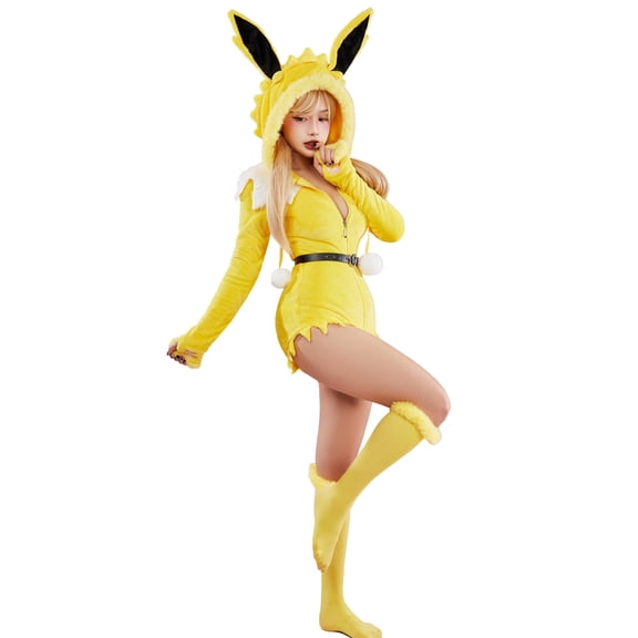 Miccostumes PM Derivative Sexy Bodysuit for Halloween Plush Hooded Romper wiht Socks and Belt, XL