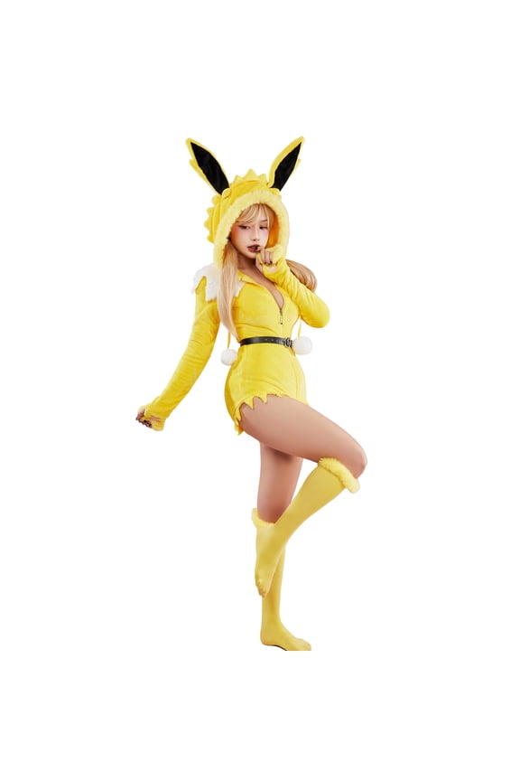 PM Derivative Sexy Bodysuit for Halloween Plush Hooded Romper wiht Socks and Belt, M