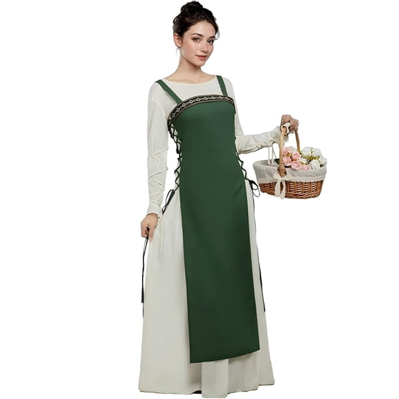 Miccostumes Vintage Viking Style Green Apron for Women Medieval Strappy Over Dress with Belt