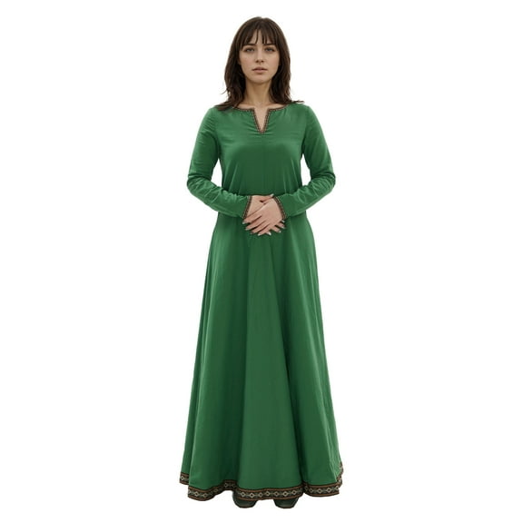 Miccostumes Women's Medieval Green Inner Dress Long Sleeve Linen Blend Viking Dress, S