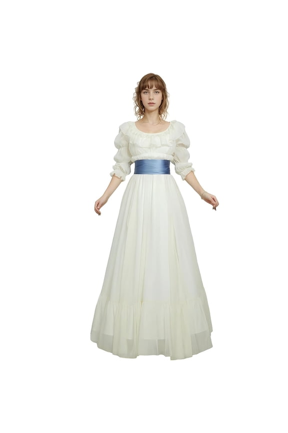 Women's Regency Dress White Ruffle Medieval Renaissance Dress with Belt, XL