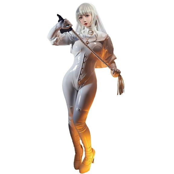 Miccostumes x Chowbie Sisters Bodysuit for Halloween Sexy Jumpsuit with Collar Headband Necklace, White, L