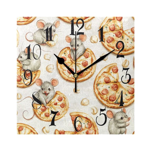 Mice Pizzas Wall Clock Decorative Square Silent Non-Ticking Operated Clocks Aesthetic for Bedroom Living Room