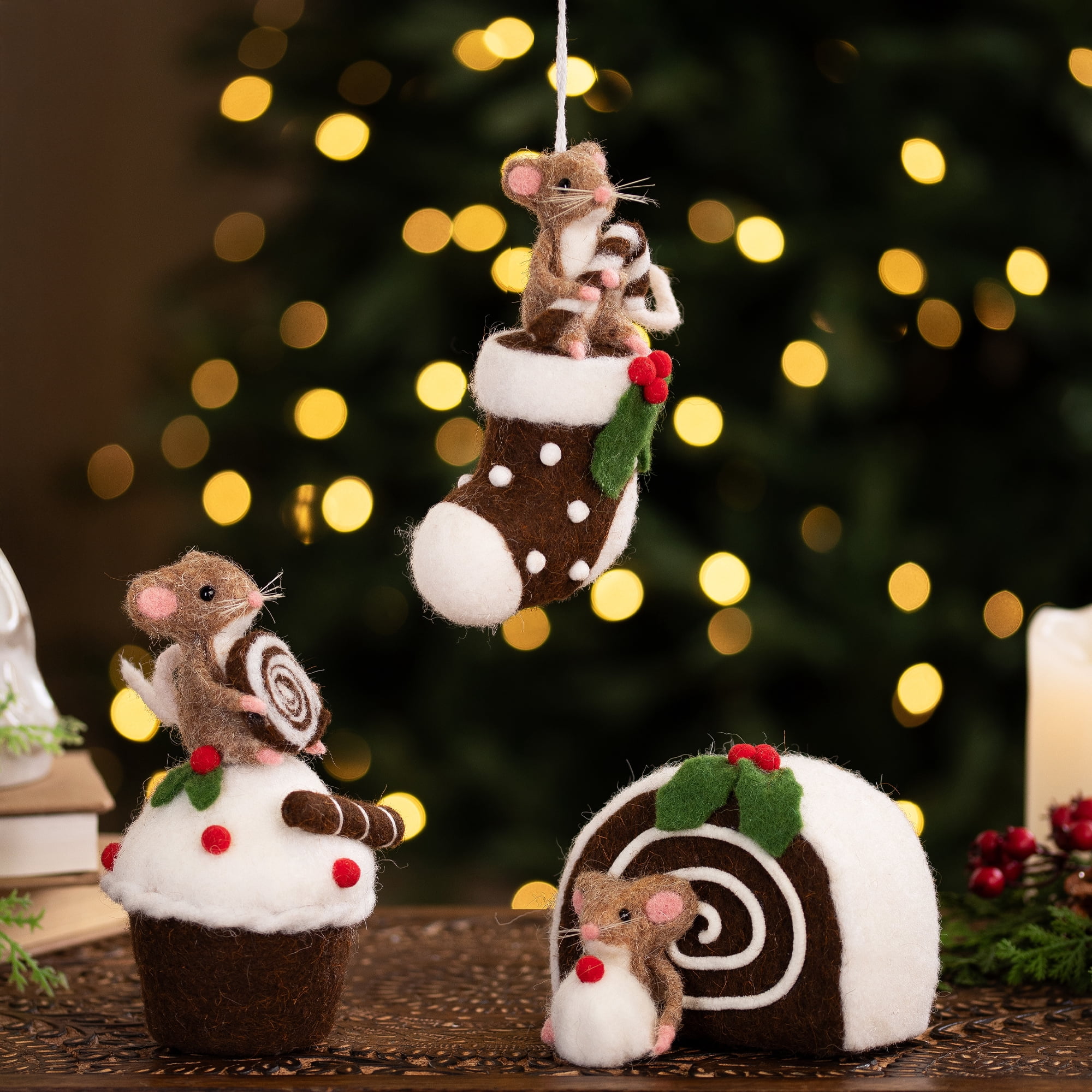 Mice with Cake and Candies Christmas Decorations - 7" - Brown and White - Set of 3