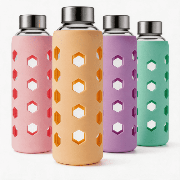 Micebay 4-Pack Reusable Clear Glass Water Bottles with Lids, 18 oz Glass Juice Bottle with Silicone Sleeves & Stainless Steel Cap, BPA Free Leak-Proof