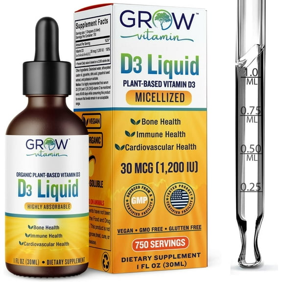 Grow Vitamin D3 Liquid, 1200 IU, Plant-Based, 750 Servings