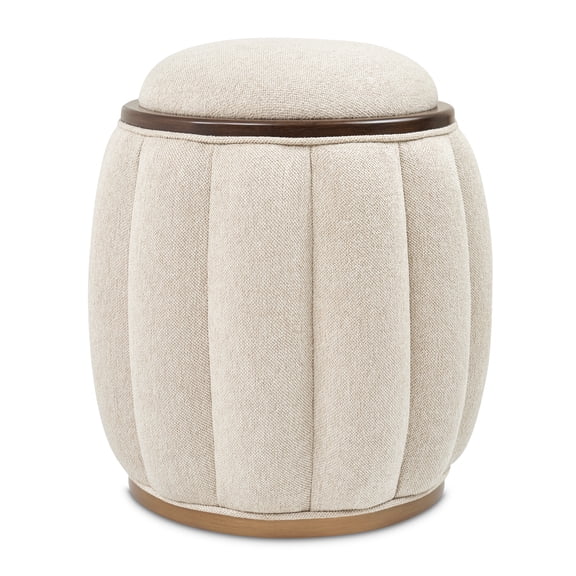 Michael Amini Camellia Field Round Chenille Accent Bench in Linen/Warm Pecan