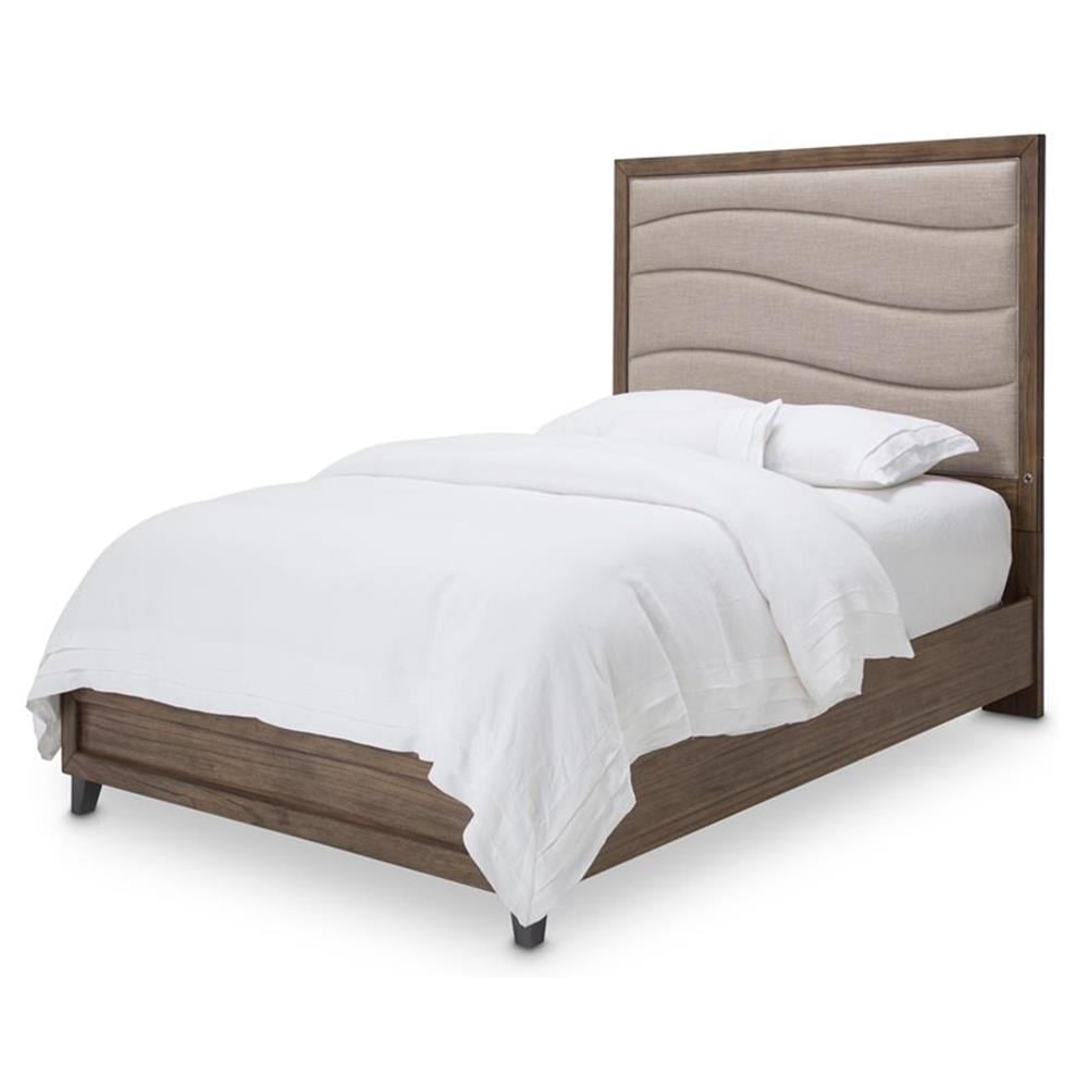 King Dark Brown Acacia Wood Upholstered Bed with Cream Headboard