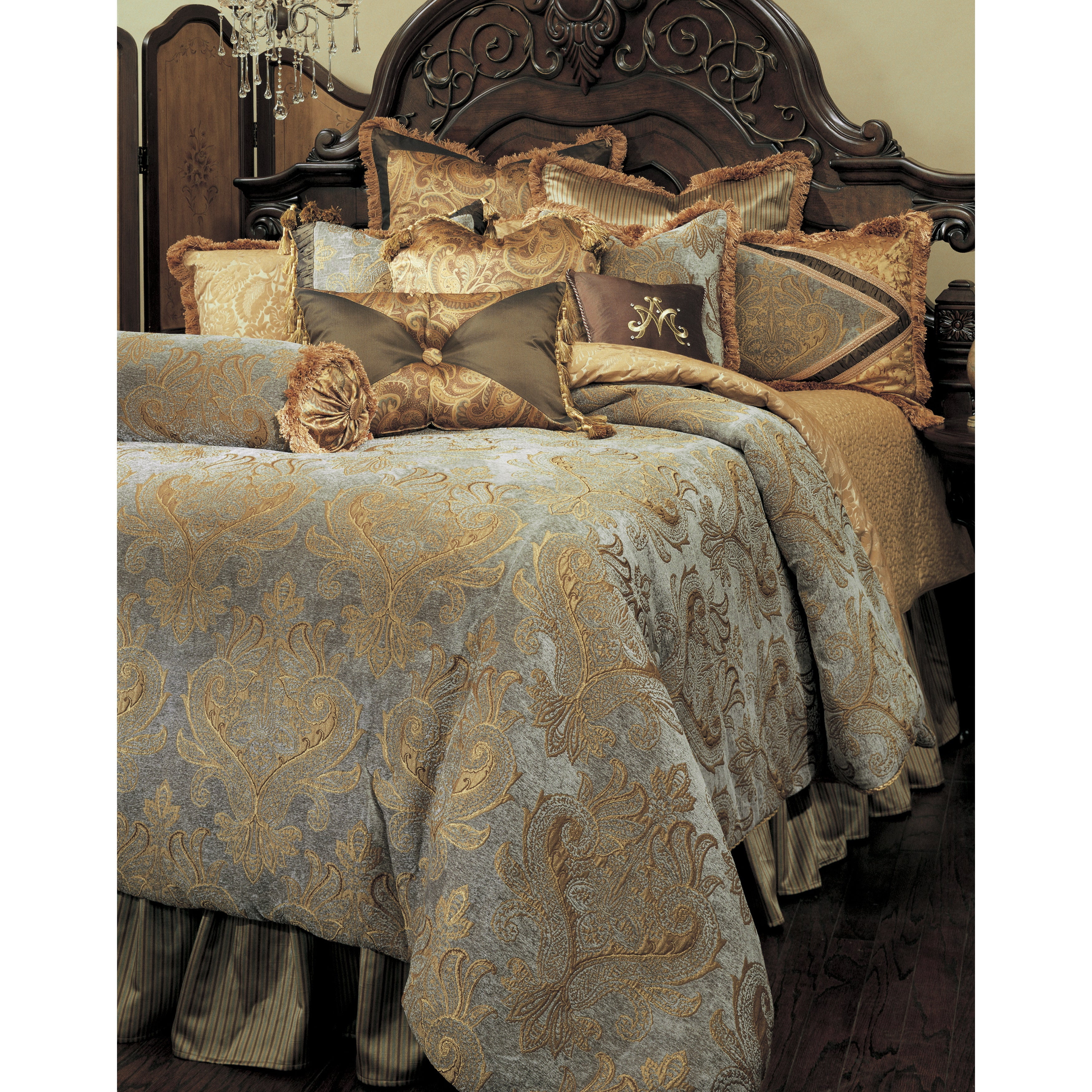 Elizabeth Slate Blue & Golden Brown King Comforter Set - Reversible 13-Piece