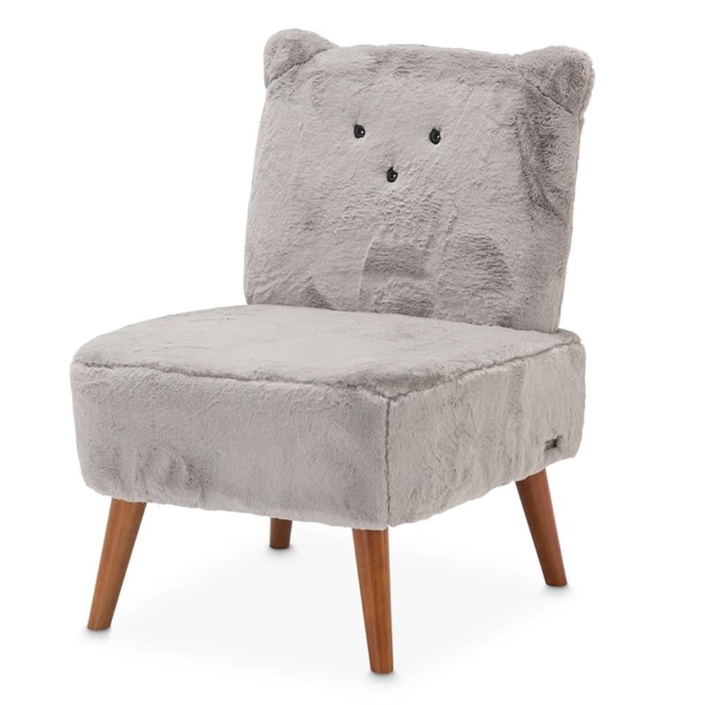 Whimsical Gray Kitten Faux-Fur Kids Chair with Wooden Legs