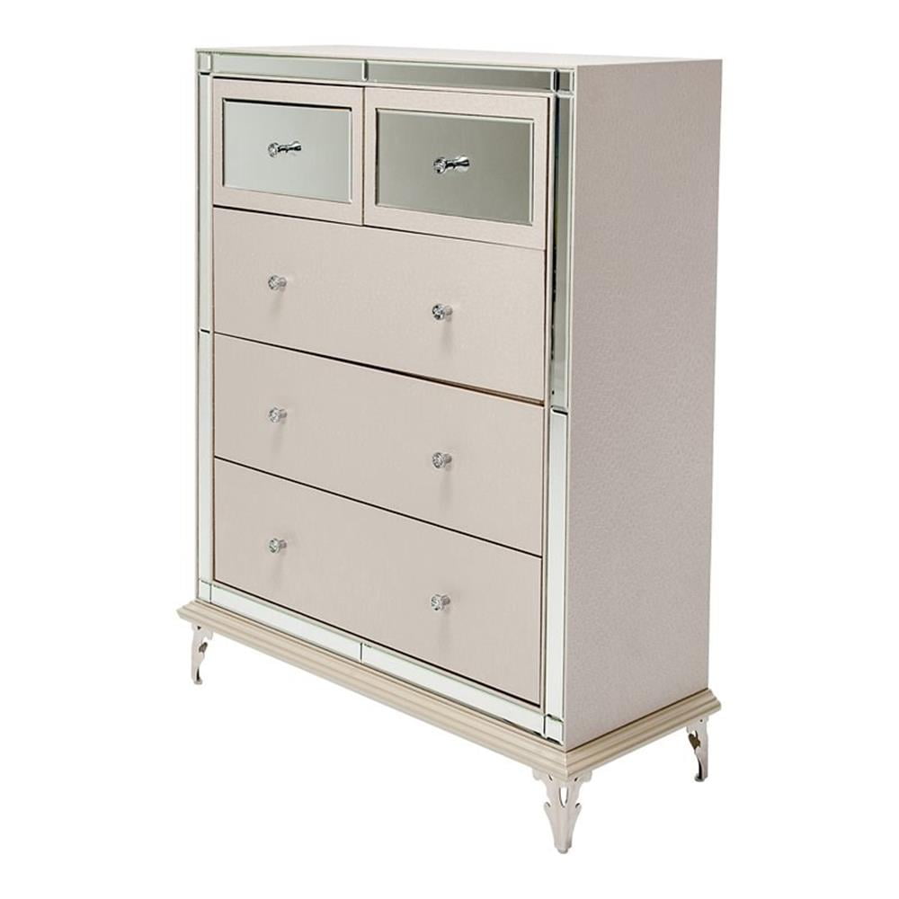 Gray Mirrored 5-Drawer Soft Close Mid-Century Dresser