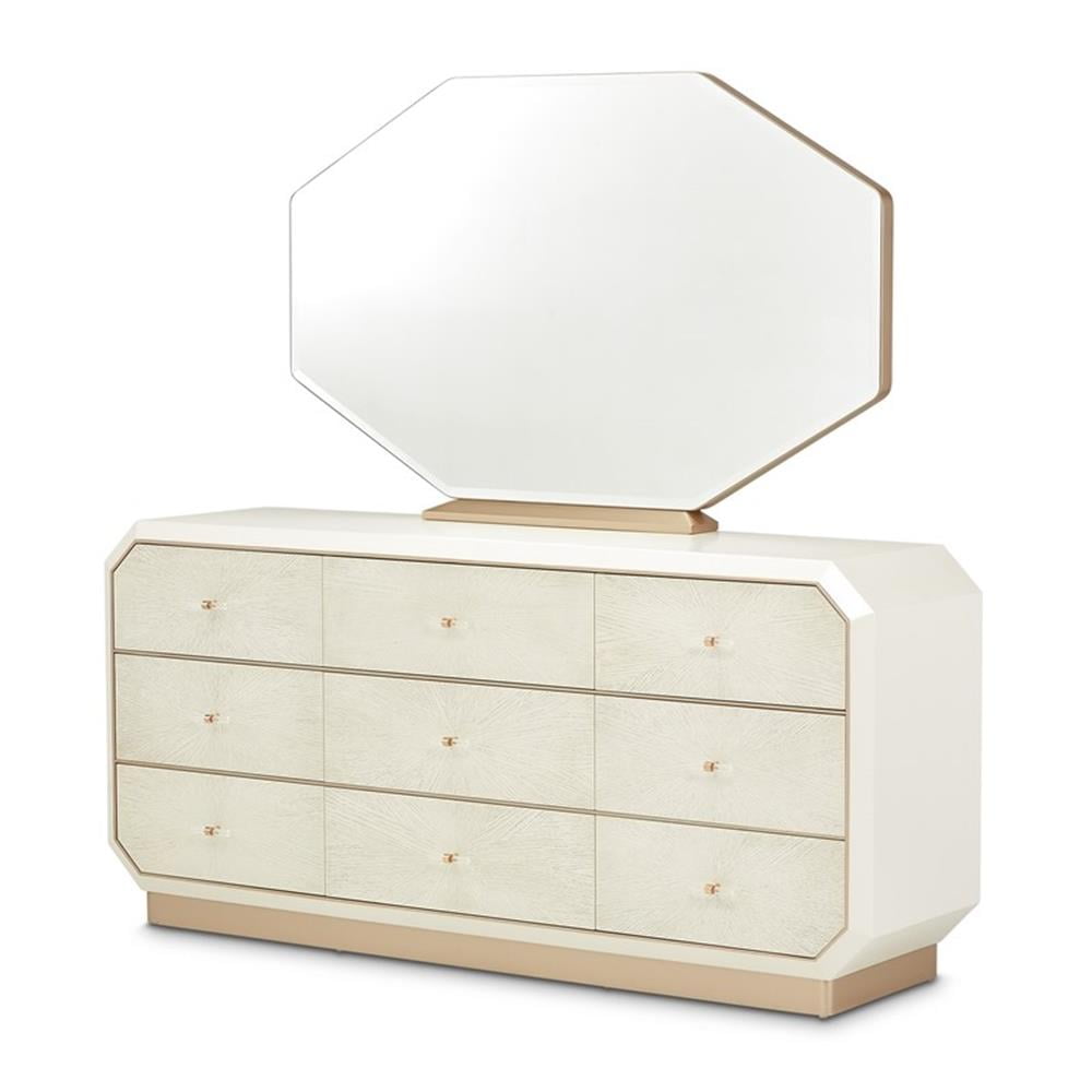 Champagne White Oak Veneer 9-Drawer Dresser with Mirror