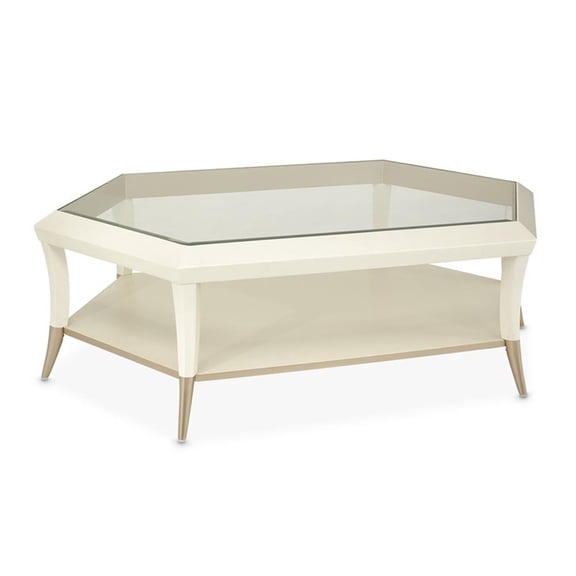 Michael Amini La Rachelle Hexagon Glass Cocktail Table in Champagne Ivory