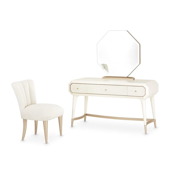 Michael Amini La Rachelle Vanity with Mirror and Chair Set in Champagne Ivory