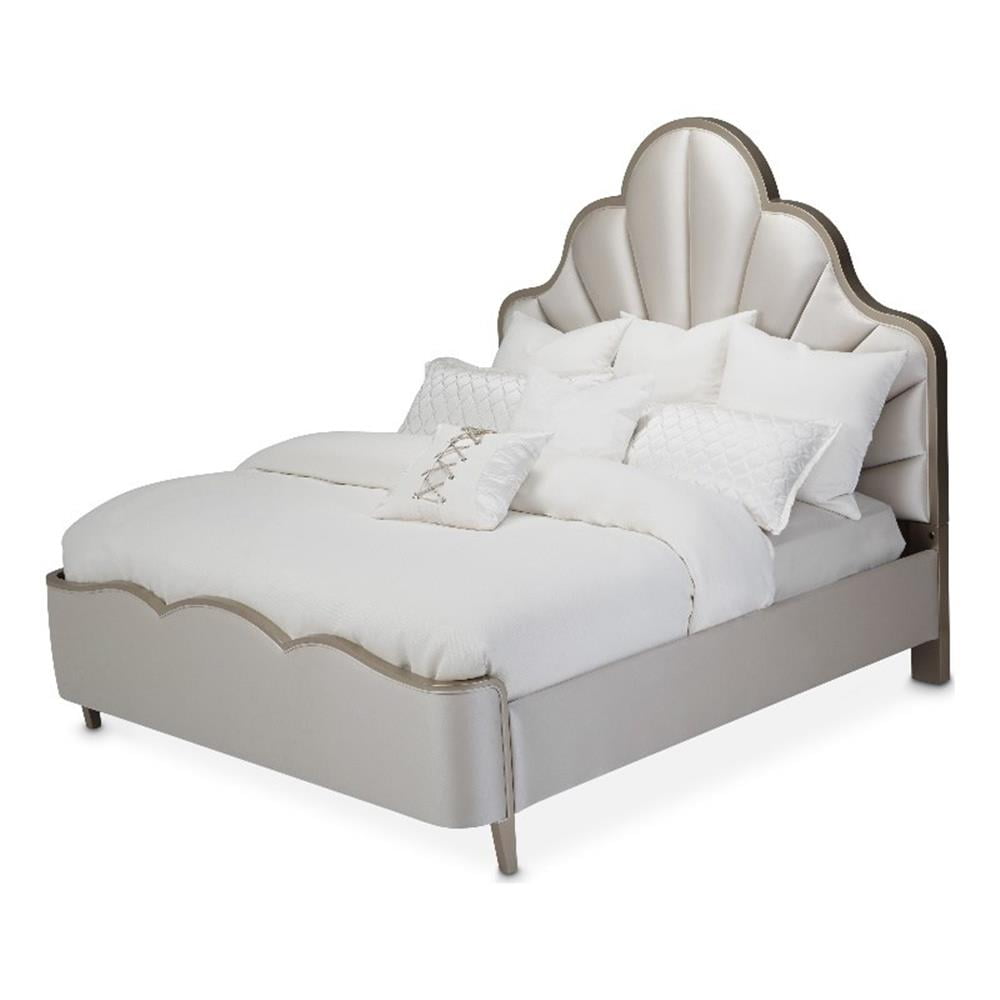 Cream Faux-Silk Upholstered King Bed with Scalloped Headboard