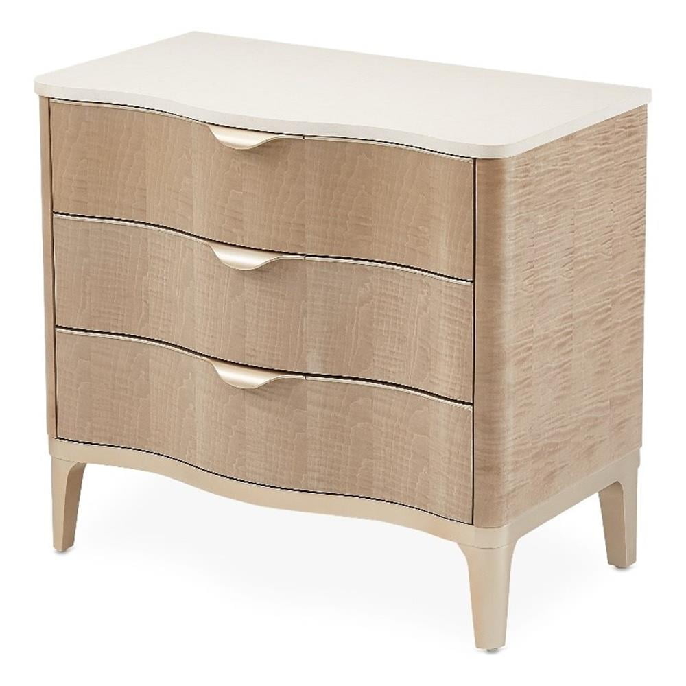 Beige Maple Veneer and Marble 3-Drawer Nightstand