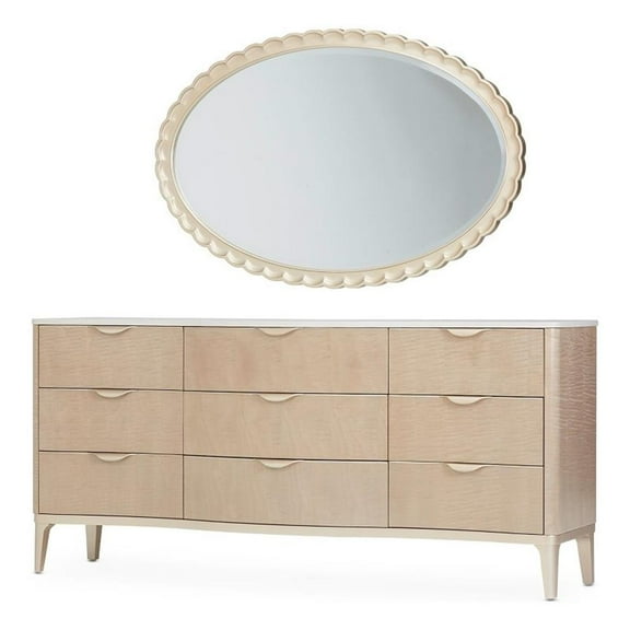 Michael Amini Malibu Crest Wood & Marble Dresser with Mirror - Blush