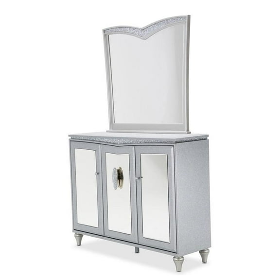 Michael Amini Melrose Plaza Wood & Glass Sideboard w/ Mirror in Dove Gray