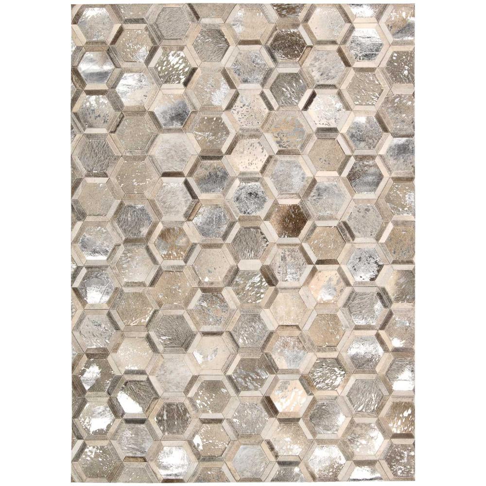 Handmade Silver Geometric Cowhide Area Rug, 5'3" x 7'5"