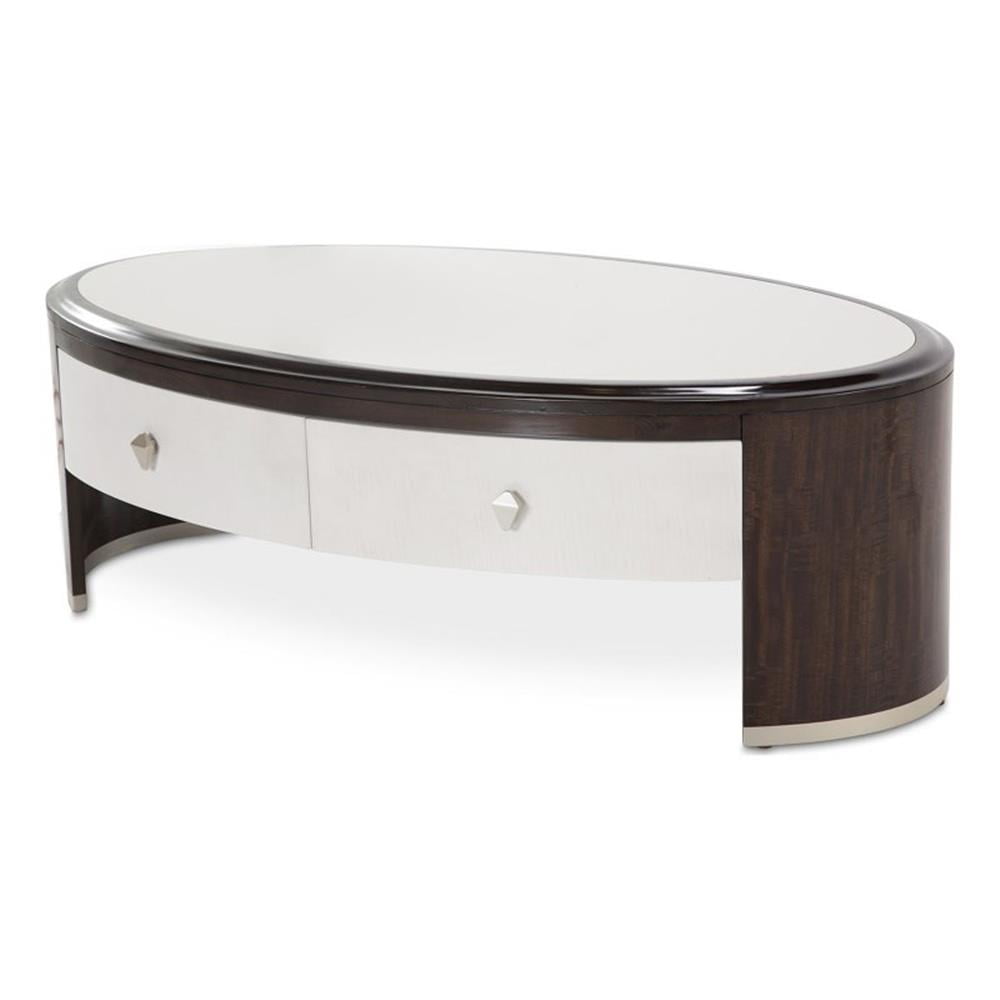 Espresso Wood and Marble Oval Cocktail Table with Storage