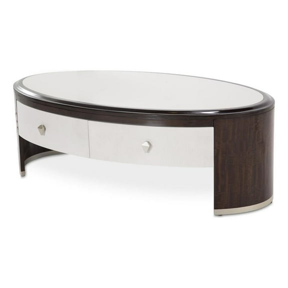 Michael Amini Paris Chic Wood & Marble Oval Cocktail Table in Espresso