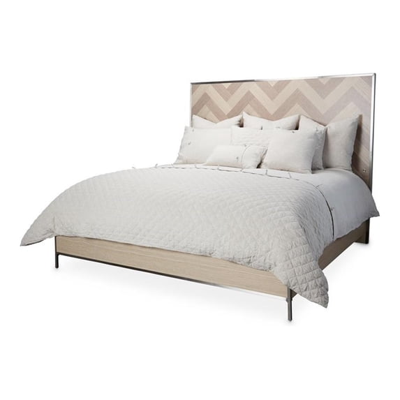 Michael Amini Silverlake Village Wood & Metal Queen Panel Bed in Washed Oak