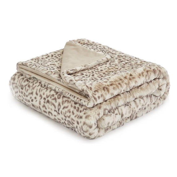 Michael Amini Snow Leopard 54x72" Plush Faux Fur Fabric Throw in Natural