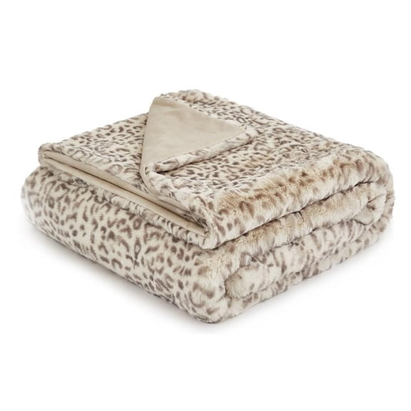 Michael Amini Snow Leopard 54x72" Plush Faux Fur Fabric Throw in Natural