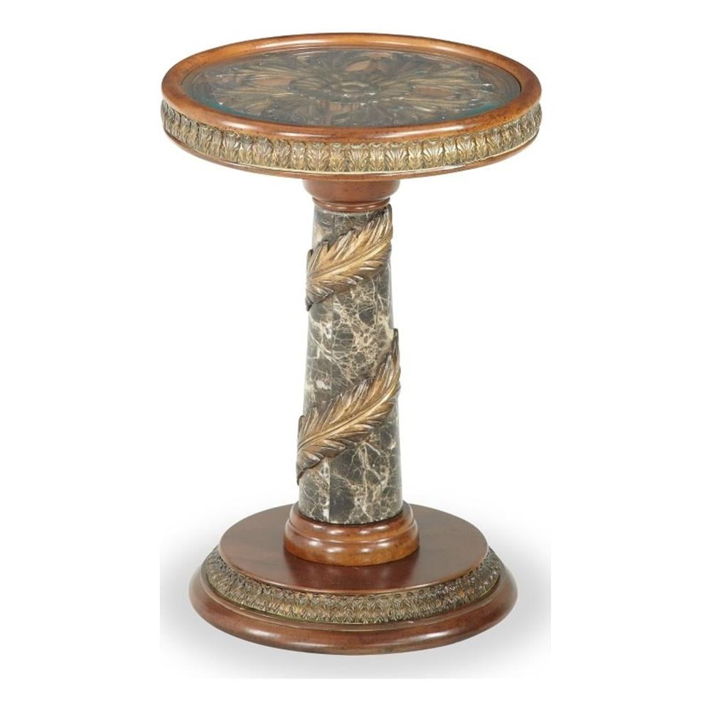 Traditional Brown Wood and Stone Round Chairside Table