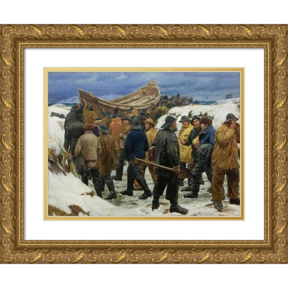 Michael Ancher 14x12 Gold Ornate Wood Frame and Double Matted Museum Art Print Titled - The Lifeboat is Taken Through the Dunes