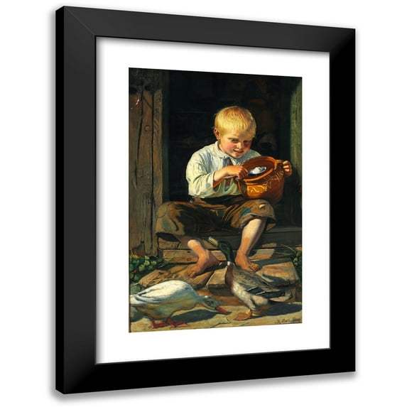 Michael Ancher 17x24 Black Modern Framed Museum Art Print Titled - Boy Feeds Ducks (1879)
