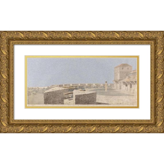 Michael Angelo Rooker 24x13 Gold Ornate Framed and Double Matted Museum Art Print Titled - Study for a Stage Set; a Fortress with Cannon and Buildings