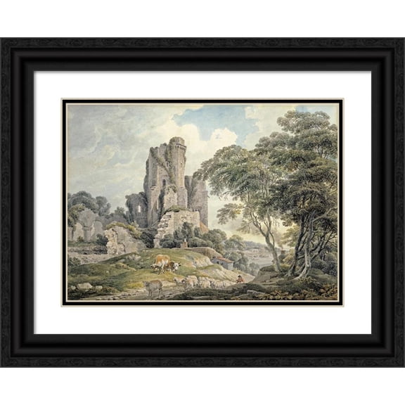Michael Angelo Rooker 24x18 Black Ornate Framed Double Matted Museum Art Print Titled: A View of a Ruined Castle (circa 1798)