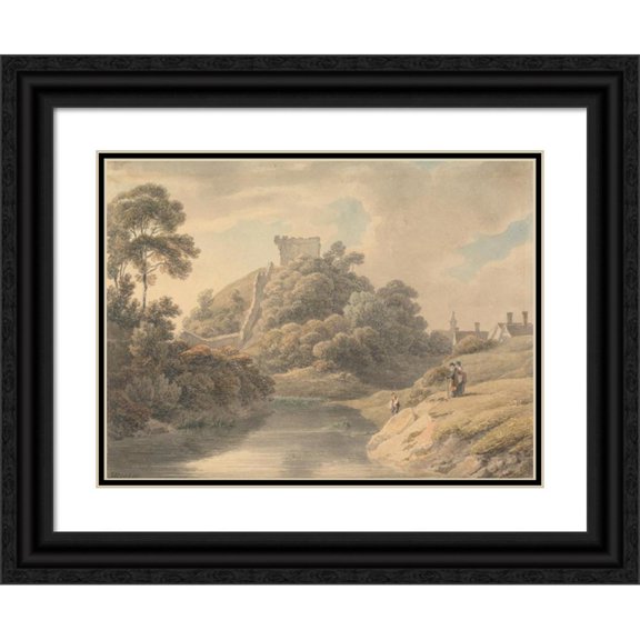 Michael Angelo Rooker 24x19 Black Ornate Framed Double Matted Museum Art Print Titled: Clare Castle, Suffolk (Between 1797 and 1800)