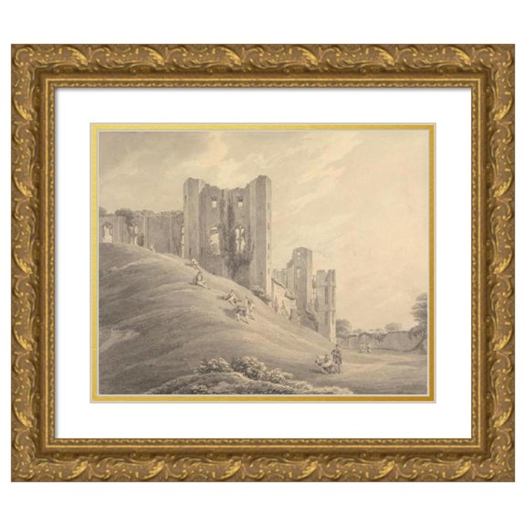Michael Angelo Rooker 24x20 Gold Ornate Framed and Double Matted Museum Art Print Titled - Kenilworth Castle, with Figures on the Hillside