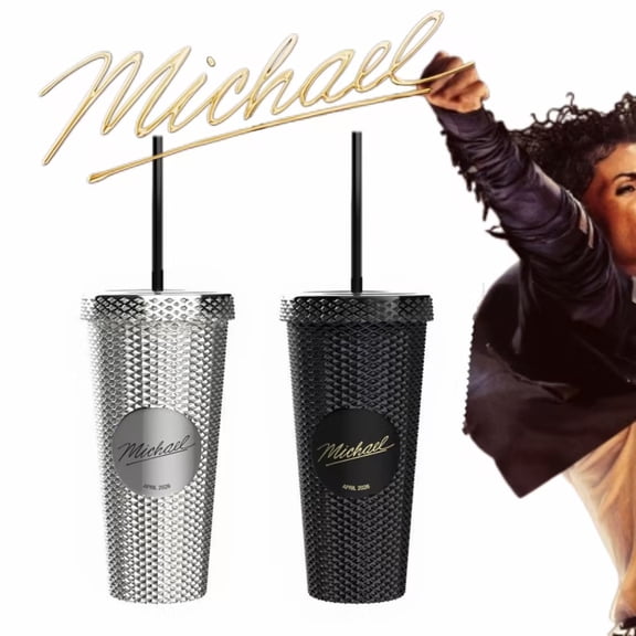 Michael Diamond Tumbler 20oz, Gold Signature Michael Themed Collectible Cup with Straw for Movie Night, Diamond Texture Tumbler Cup for MJ Fans & Collectors, Black